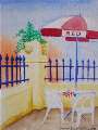 Watercolor image of sidewalk cafe